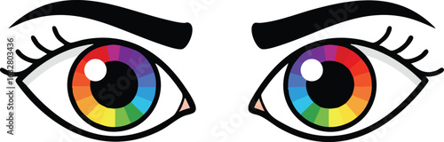 Human eyes with colorful rainbow irises and black eyebrows vector illustration in flat style 