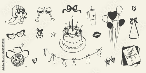 Birthday party set in hand drawn coquette style. Whimsical chalk doodles for girls bachelorette. Crayon drawing for menus and invitations. Doodle cowgirl vector illustration