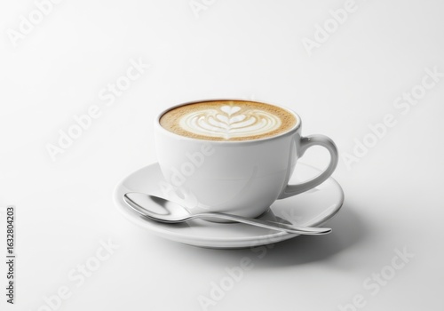A delicious cup of latte coffee with art foam isolated on white background
