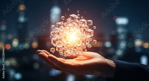 Fototapeta Naklejka Na Ścianę i Meble -  Hand holding a floating cluster of glowing, interconnected glass cubes over a blurred city nightscape