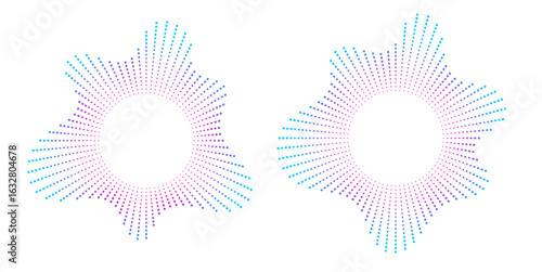Sound equalizer icons with lines and dots, gradient neon circular sound wave frames, abstract radial music icons. Audio beat symbol concept isolated on white. Vector illustration.