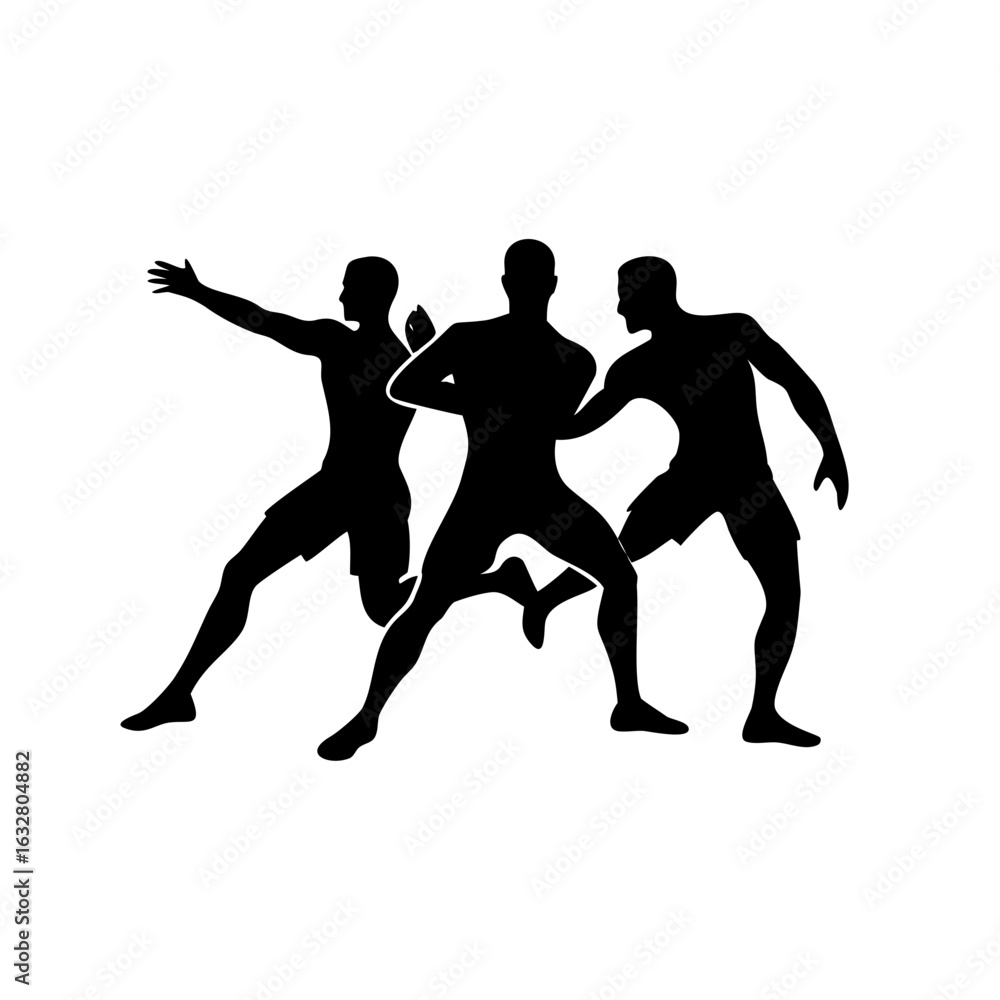 Obraz premium Silhouette of three athletes in motion, one with arm raised, in a black and white graphic image style created with generated ai