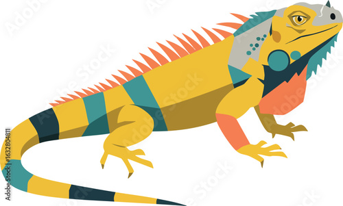 Colorful iguana lizard vector illustration with yellow orange and teal body design for reptile artwork 