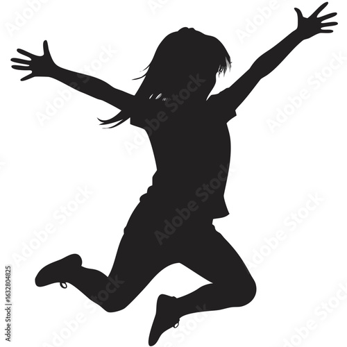 Silhouette of a young girl jumping with arms outstretched in a joyful and celebratory pose in black and white created with generated ai