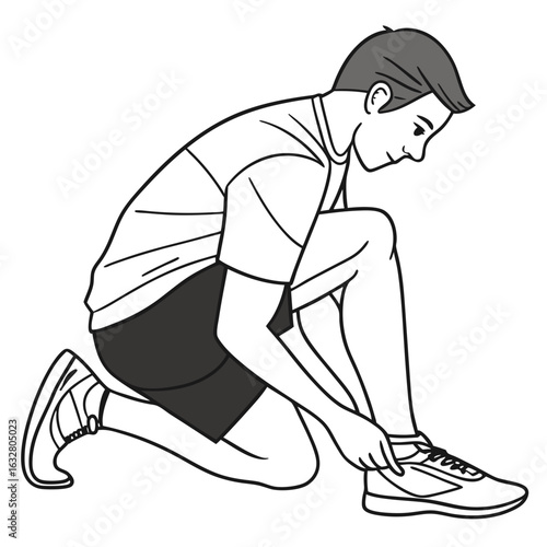 Man in athletic wear kneeling and tying shoelaces on running shoe shown in black and white outline drawing created with generated ai
