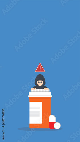 Fake medicine. Pill and tablet with criminal selling illegal drugs. Fake drugs, pharmaceutical. Symbolic for harmful counterfeit pills, risk and danger of illegal produced and sold pharmaceuticals.