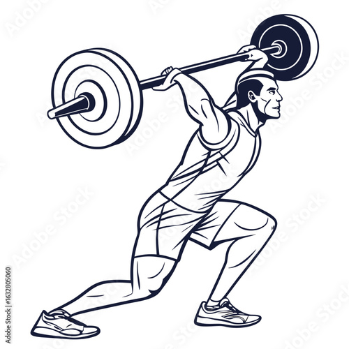 Man lifting barbell overhead in a dynamic lunge position with focus on strength and athletic ability created with generated ai