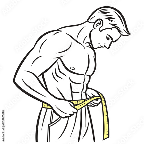 Man is measuring his waist with a yellow measuring tape and looking down at the tape in a white background created with generated ai