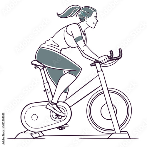 Woman with ponytail exercising on stationary bike in line art style with gray accents and white background created with generated ai