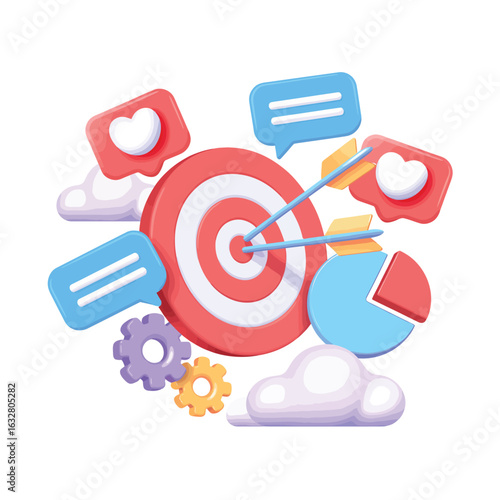 3d illustration of marketing strategy with target and social media icons