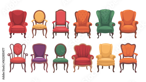 Collection of ornate antique upholstered armchairs in various colors