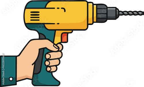 Hand holding yellow and teal electric drill tool for construction and DIY projects vector illustration 