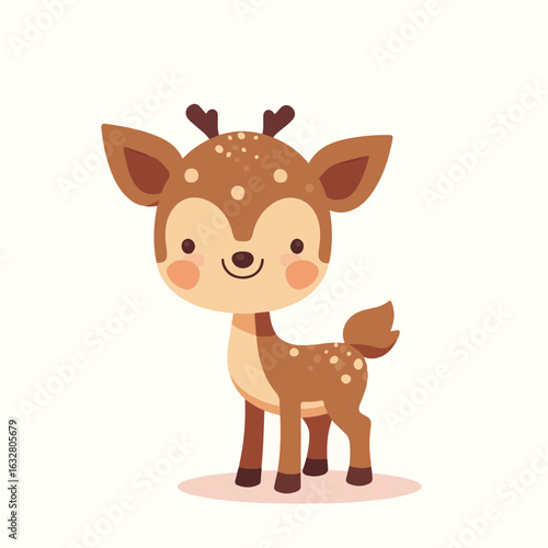 Cute cartoon baby deer with a joyful expression standing on a simple background, representing innocence and playfulness, concept of children’s products or wildlife conservation
