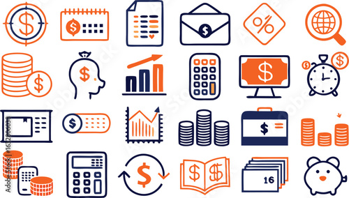 Financial and Business Icons Hand Drawn with Dollar Signs and Graphs in Blue and Orange finance illustration