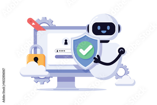 Friendly robot holding a shield protecting a computer screen with a lock and gears