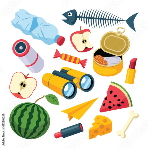 Collection of various discarded items and food waste on a white background