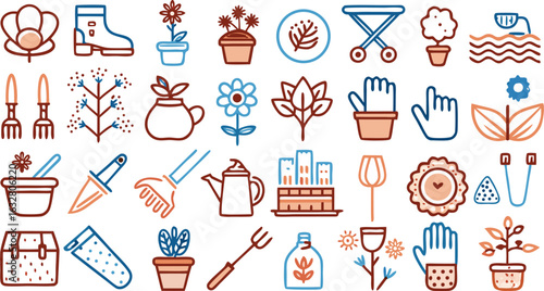 Hand Drawn Gardening Tools and Plants Icons Set with Flowers and Boots Keywords: gardening, tools, plants, flowers, nature, spring, summer, horticulture, growth