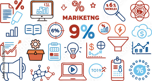 Marketing and Business Icons with Data Visualization, Growth Charts, and Digital Tools vector illustration