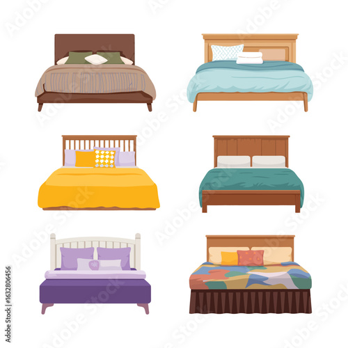 Collection of six different styles of beds and bedding