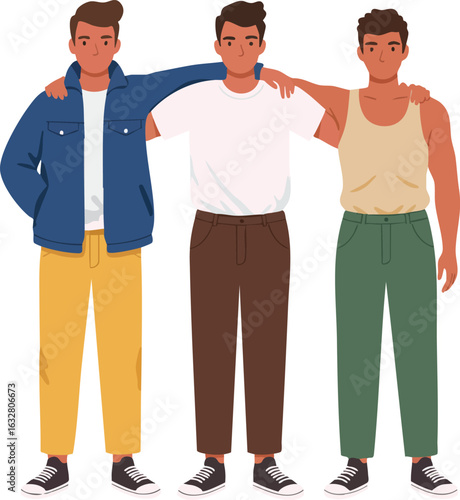 Three young men standing with arms around shoulders in casual clothing friendship illustration vector 