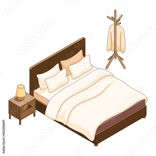 Cozy bedroom scene with a made bed and bedside table