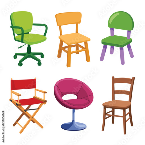 Collection of six colorful and diverse chairs for children and adults