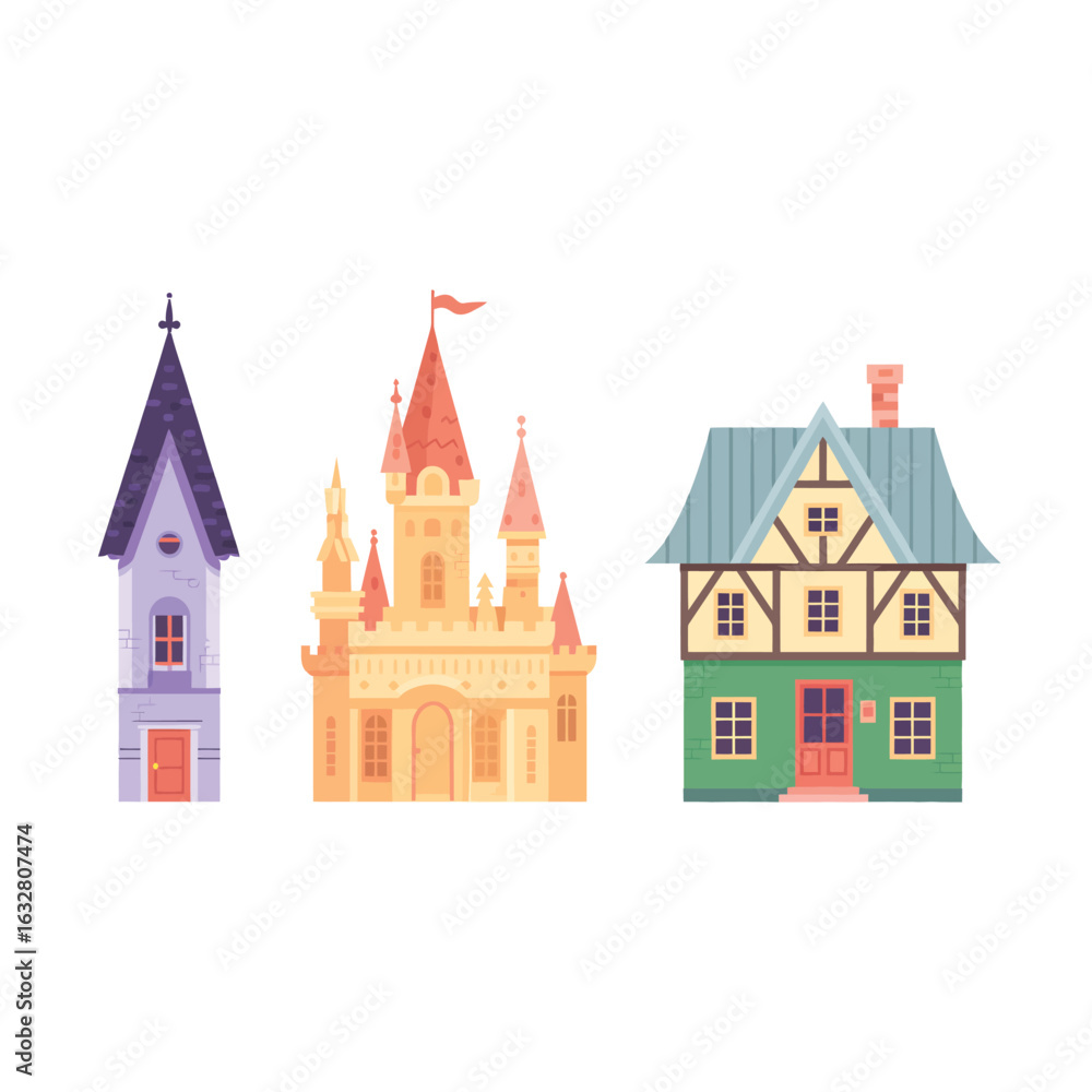 Obraz premium Collection of three charming miniature houses and a fairytale castle