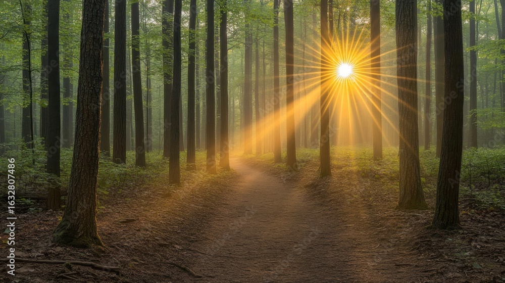 Obraz premium Sunlight streams through a misty forest path.