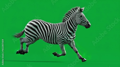 A zebra running with black and white stripes isolated on a bright green colored background screen view green screen animal video