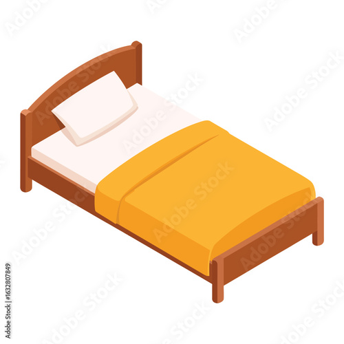 Cozy wooden bed with orange blanket and white pillow