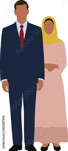 Couple standing together with man in suit and woman in hijab wearing modest dress vector illustration 