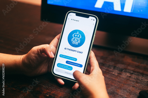 AI therapy chat app on smartphone for mental health support. Emotional, wellbeing assistant concept