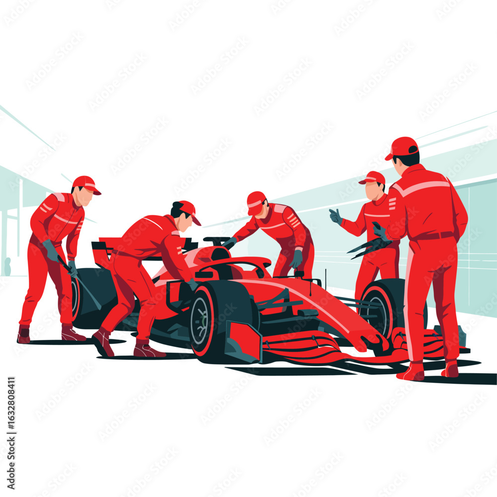 Obraz premium Formula 1 pit crew working on race car in pit lane