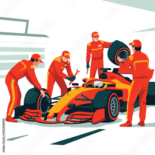 Formula 1 pit crew rapidly changing tires on a race car