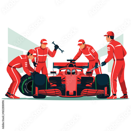 Formula 1 pit crew in red uniforms working on a race car