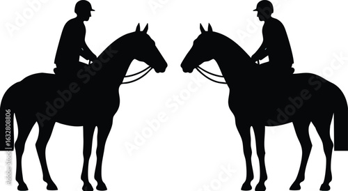 Silhouettes of two horse riders facing each other in black vector illustration for equestrian themes and leisure activities 