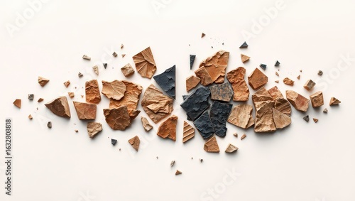 Scattered fragments of terracotta and dark gray pottery shards on a plain white background surface