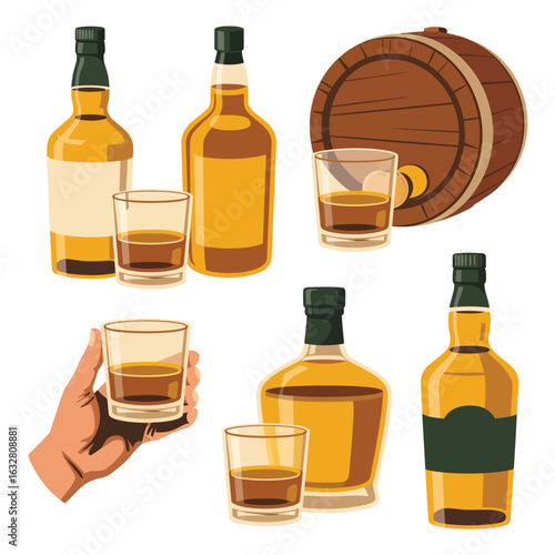 Collection of whiskey bottles and glasses with barrel and hand holding glass