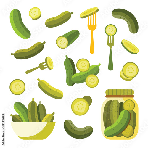 Assortment of fresh and pickled cucumbers and slices