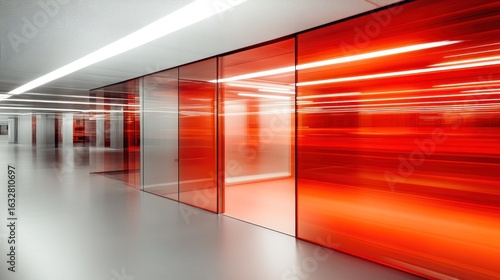 Modern interior hallway with vibrant red glass walls.
