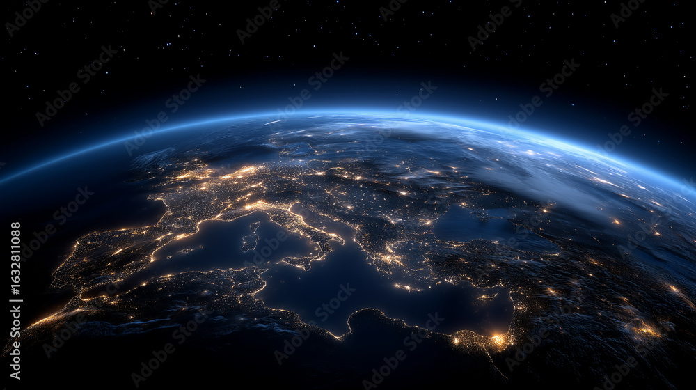 Fototapeta premium Stunning view of Earth from space showing illuminated city lights over Europe and the Mediterranean, dark night sky filled with stars, high-resolution satellite perspective with cu