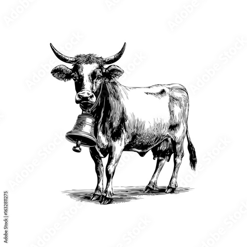 Engraving style illustration of sacred cow with bell in black and white on transparent background – Cultural vector for educational posters, traditional festival materials, and agricultural content