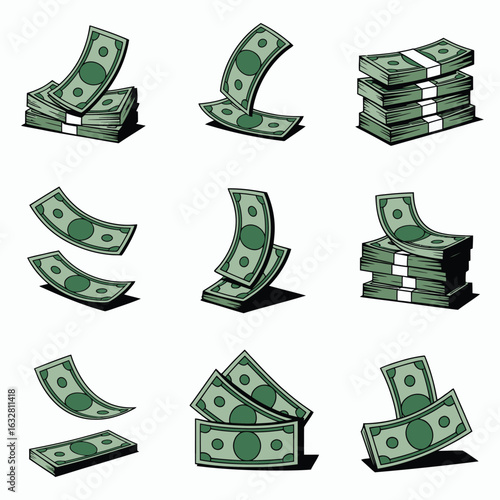 Collection of us dollar bills in various piles and fanned out arrangements
