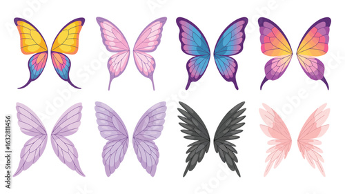 Collection of colorful watercolor butterfly wings and fairy wings
