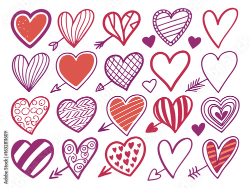 Collection of Diverse Hand Drawn Hearts with Arrows for Valentines Day and Romantic Occasions