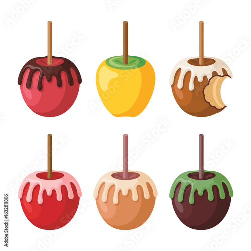 Collection of six delicious candy apples with different toppings and flavors