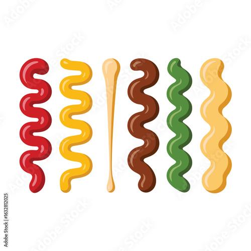 Assortment of colorful sauces and condiments in wavy lines