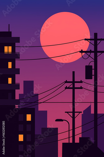Palm-Lined Urban Twilight with Sunset and Silhouettes – Minimalist Tropical City Art