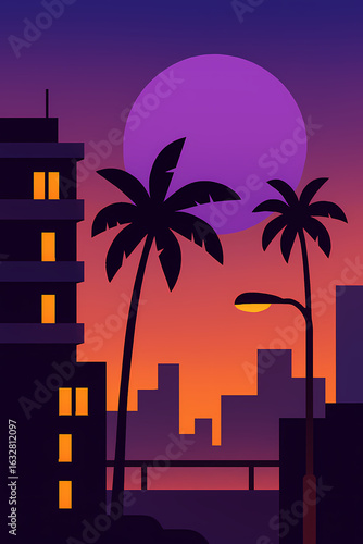 Twilight Cityscape with Power Lines and Sunset Glow – Flat Vector Urban Art