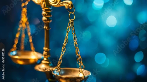 Close-up golden scales, signifying legal justice. scales are set against blue blurred background, creating bokeh effect, enhancing visual appeal.